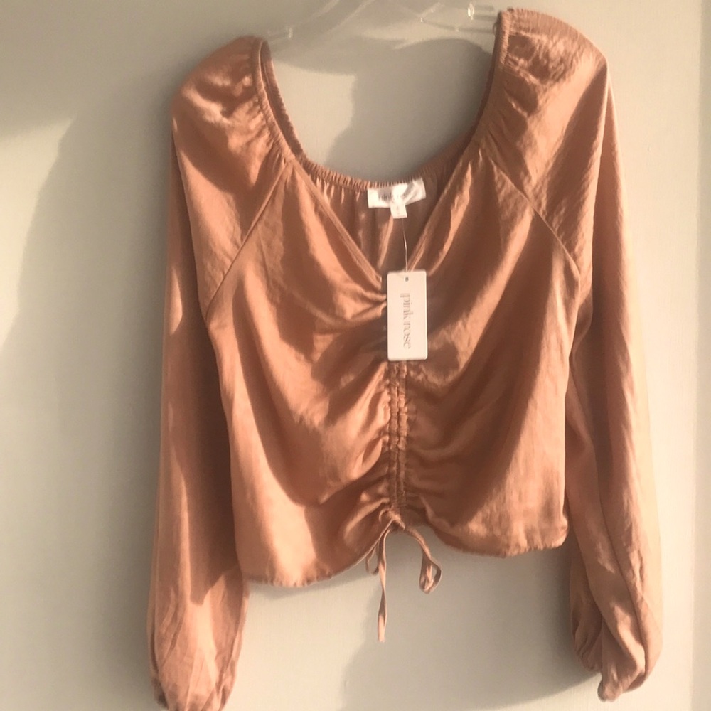 Ruched Drawstring Long-Sleeve Crop Top in Tan